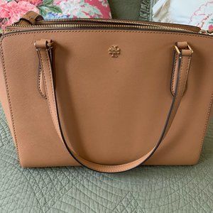 Camel Tory Burch structured satchel bag with CB strap